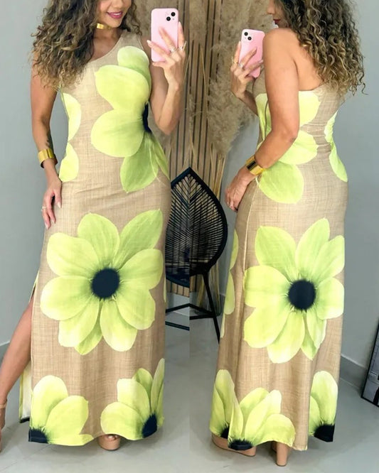 Women's One-Shoulder Floral Print Dress Sexy Side Slit Slim Fit Midi Dress Elegant Vacation Dress with Pockets