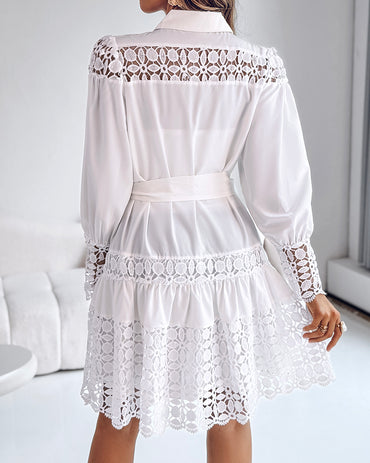 Guipure Lace Spliced Turn-down Collar Long Sleeve Button Front Shirt Dress Casual Tie Waist Ruffle Hem Dress