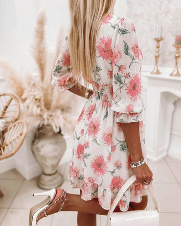 Floral Print Overlap Deep V-Neck Half Sleeve Shirred Waist A Line Dress Casual Flared Cuffs Ruffle Hem Chiffon Dress