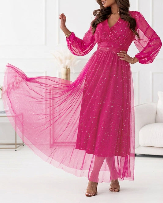 Women's Glitter Mesh Maxi Dress Feather Embellished Overlap V-Neck Lantern Sleeve Formal Dress Elegant Evening Gown
