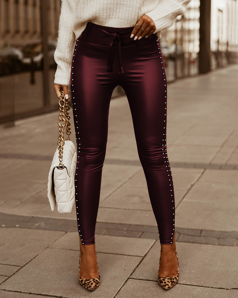 Side Studded Tied Detail Skinny Trousers High Waist Slit Hem PU Leather Pants