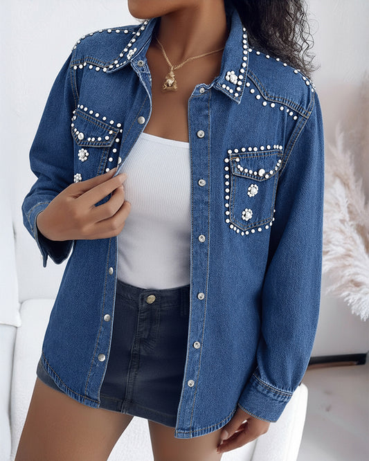 Vintage Rhinestone & Pearls Decor Turn-down Collar Button Front Curved Hem Coat Casual Floral Pattern Flap Pockets Design Washed Denim Coat