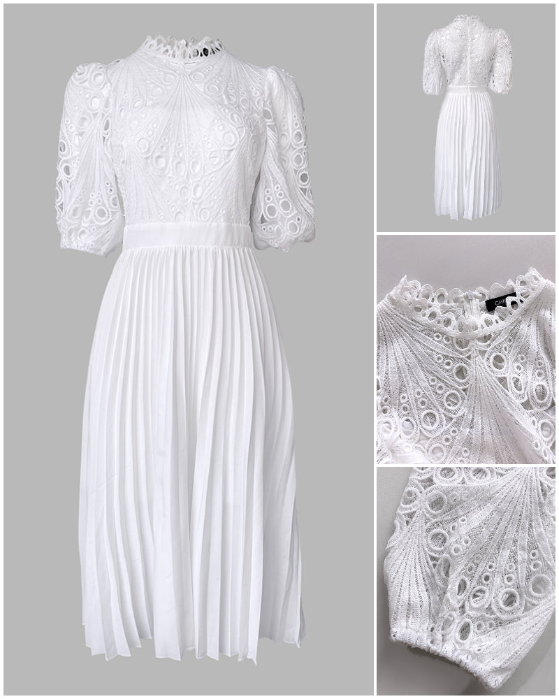 Stand Collar Puff Sleeve Lace Hollow-out Party Dress Zipper Back Pleated Dress