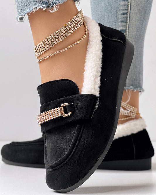 Rhinestone Chain Decor Thermal Lined Faux Shearling Trim Casual Flat Slip-On Loafers without Anklet Bracelet