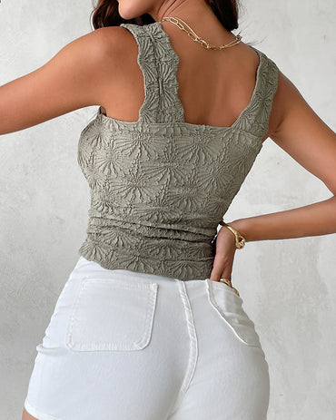 Floral Jacquard Square Neck Thick Strap Crop Tank Casual Sleeveless Top