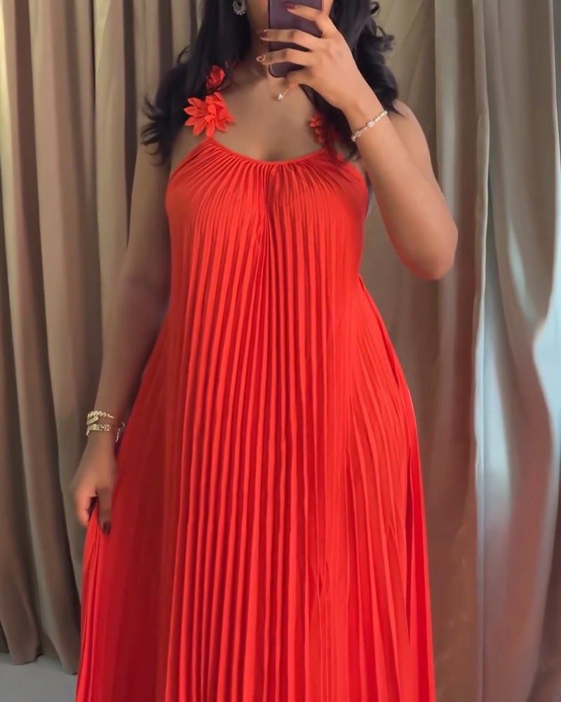 U-Neck 3D Flower Decor Adjustable Spaghetti Straps Maxi Dress Sexy Backless Criss Cross Back Pleated Dress