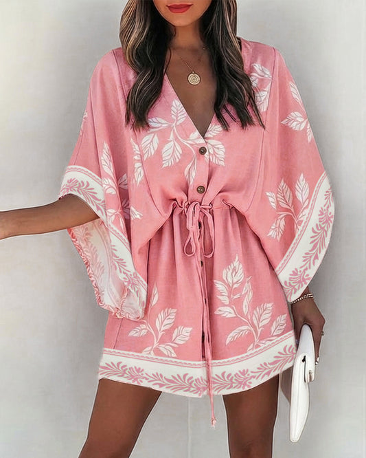Plants Print V-Neck Bell Sleeve Button Front Mini Dress Casual Drawstring Waist Vacation Dress