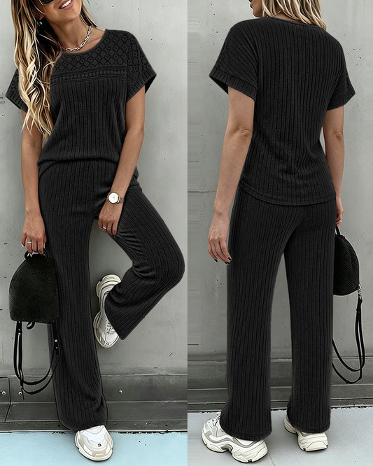 Women's 2 Piece Knit Set Lace Patchwork Short Sleeve Top and Wide Leg Pants Casual Ribbed Brushed Lounge Set