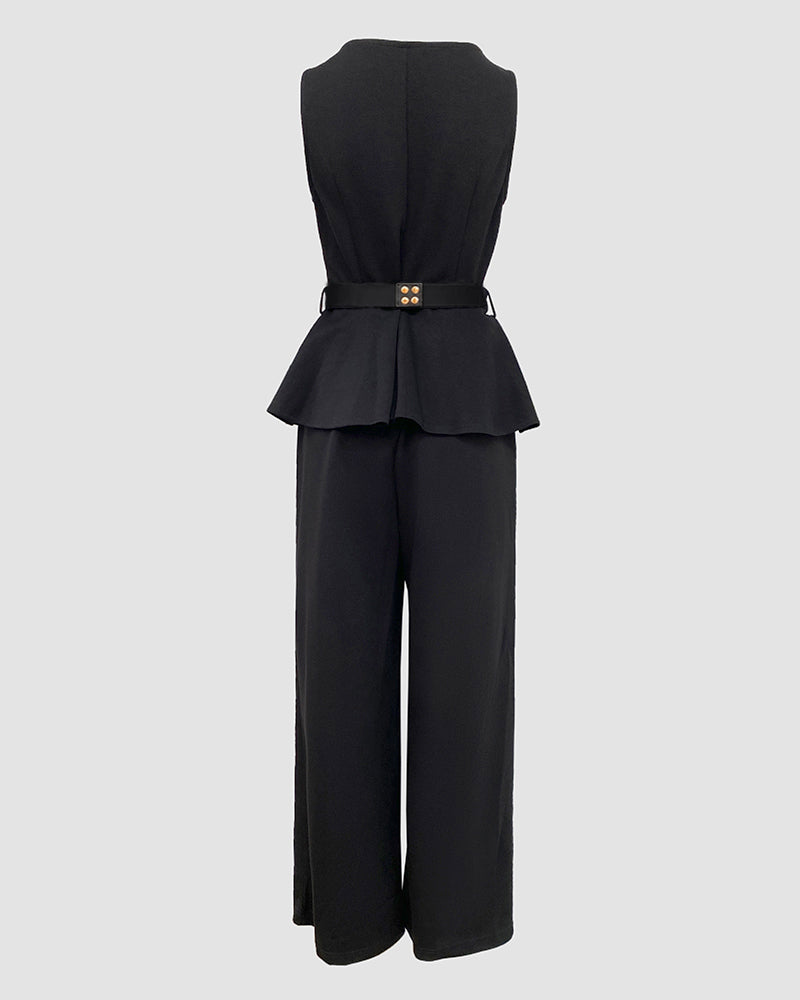 Women's 2 Piece Outfits Sleeveless Peplum Top and Wide Leg Pants Set Elegant Gold Belt Business Work Suits