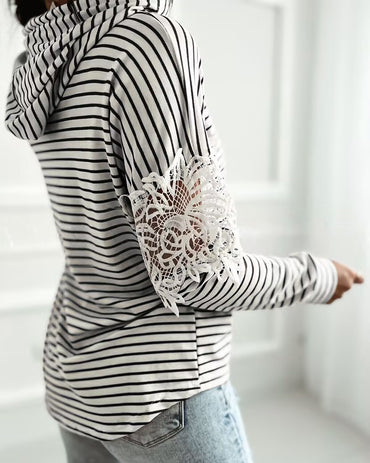 Striped Contrast Floral Lace Patchwork Long Sleeve Pullover Casual Lace Drawstring Hoodie Sweatshirt