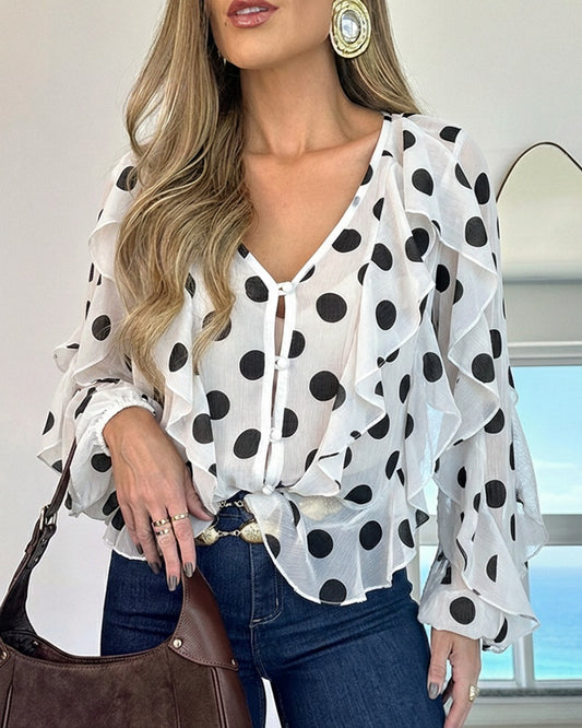 Polka Dot Print V-Neck Long Sleeve Button Front Blouse Casual Ruffles Spliced Semi Sheer Top