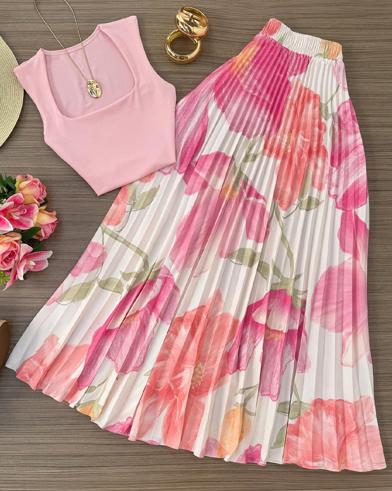 2 Pieces Outfit Square Neck Sleeveless Slim Fit Top and Watercolor Floral Print High Waist Elastic Waist Pleated Maxi Skirt Set