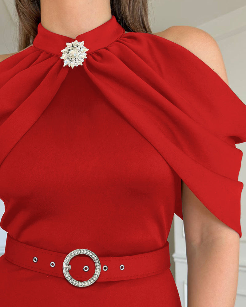 Chic Plain High Neck Party Dress with Cold Sleeves and Sparkling Rhinestones Decor Elegant Slim Fit Midi Dress (With Belt)