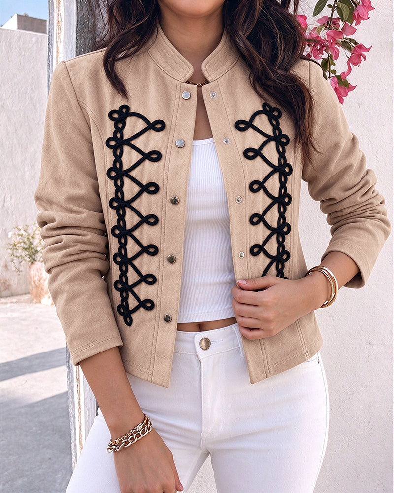 Women's Ethnic Braided Embroidered Faux Suede Stand Collar Snap Button Crop Jacket