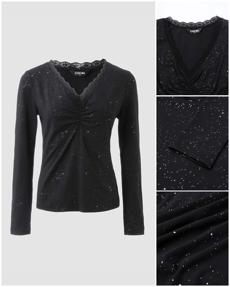 Women's Sparkle Glitter V Neck Long Sleeve Top Ruched Lace Trim Tee