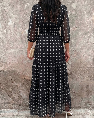 Women's Polka Dot Maxi Dress V Neck Lantern Sleeve Ruffle Hem Dress High Waist Button Up Chiffon Long Party Dress