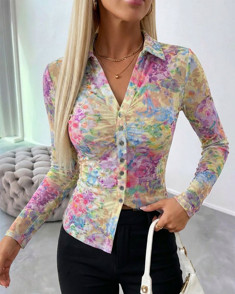 Watercolor Floral Print Turn-down Collar V-Neck Button Front Shirt Slim Fit Long Sleeve Ruched Sheer Mesh Top
