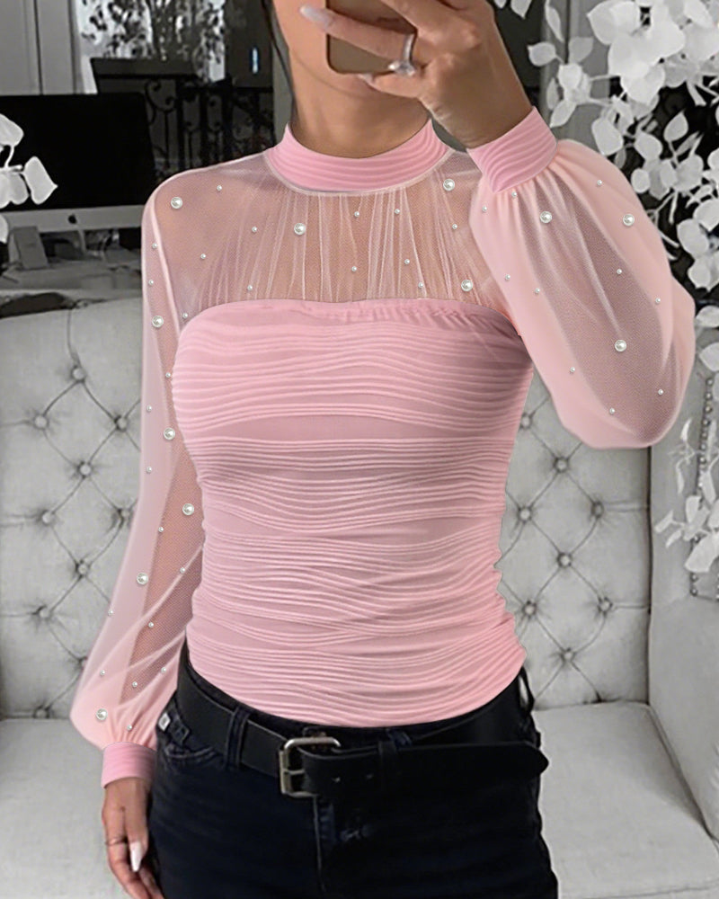 Pearls Decor High Neck Sheer Mesh Spliced Ruched Tee Hollow-out Back Slim Fit Textured Top