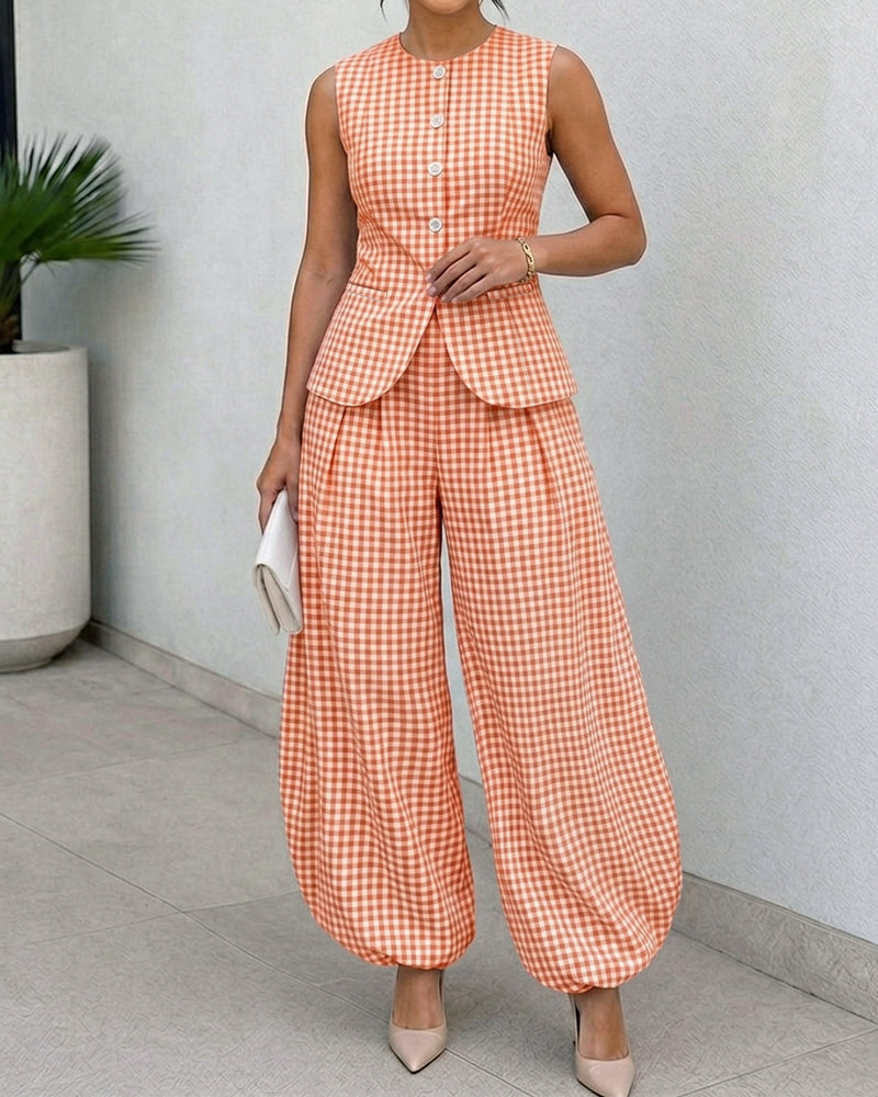 Women's French Vintage Plaid 2 Piece Outfits Sleeveless Button Vest Top and High Waist Lantern Pants Set