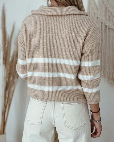Women's Half Zip Striped Sweater Colorblock Turn-down Collar Knit Pullover Drop Shoulder Loose Fit Top