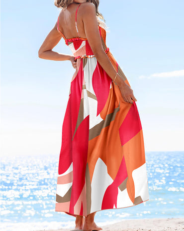 Abstract Pattern Square Neck Sleeveless Thick Strap Shirred Ruffles Hem Maxi Dress Vacation Dress