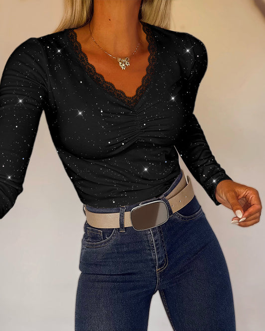Women's Sparkle Glitter V Neck Long Sleeve Top Ruched Lace Trim Tee