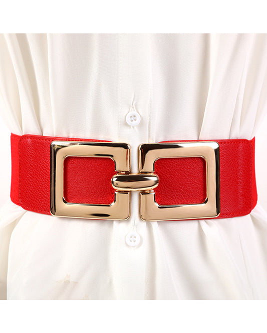 Wide Elastic Belt Fashion Square Gold Buckle Stretch Dress Belt Waistband