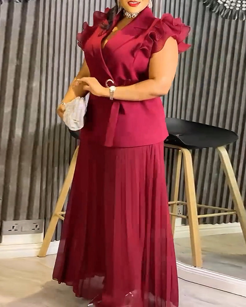 Trendy Two-Piece Set Ruffles Sleeve Waist Tied Detail Blazer and Casual Wide Leg Pleated Pants Set