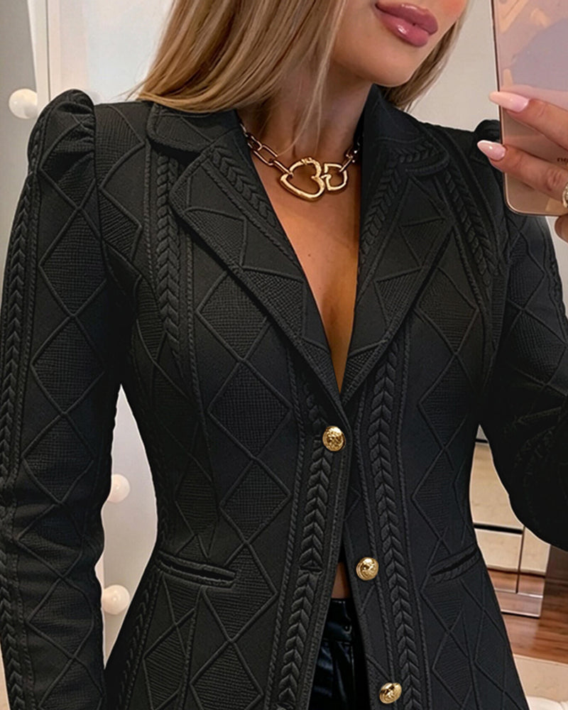 Women's Elegant Argyle Textured Blazer Slim Fit Puff Sleeve Suit Jacket Gold Button Work Office Commuter Blazer with Pockets