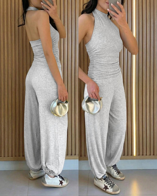 Women's 2 Piece Outfits Halter Neck Backless Ruched Top and High Waist Joggers Set Casual Knit Tracksuit Loungewear