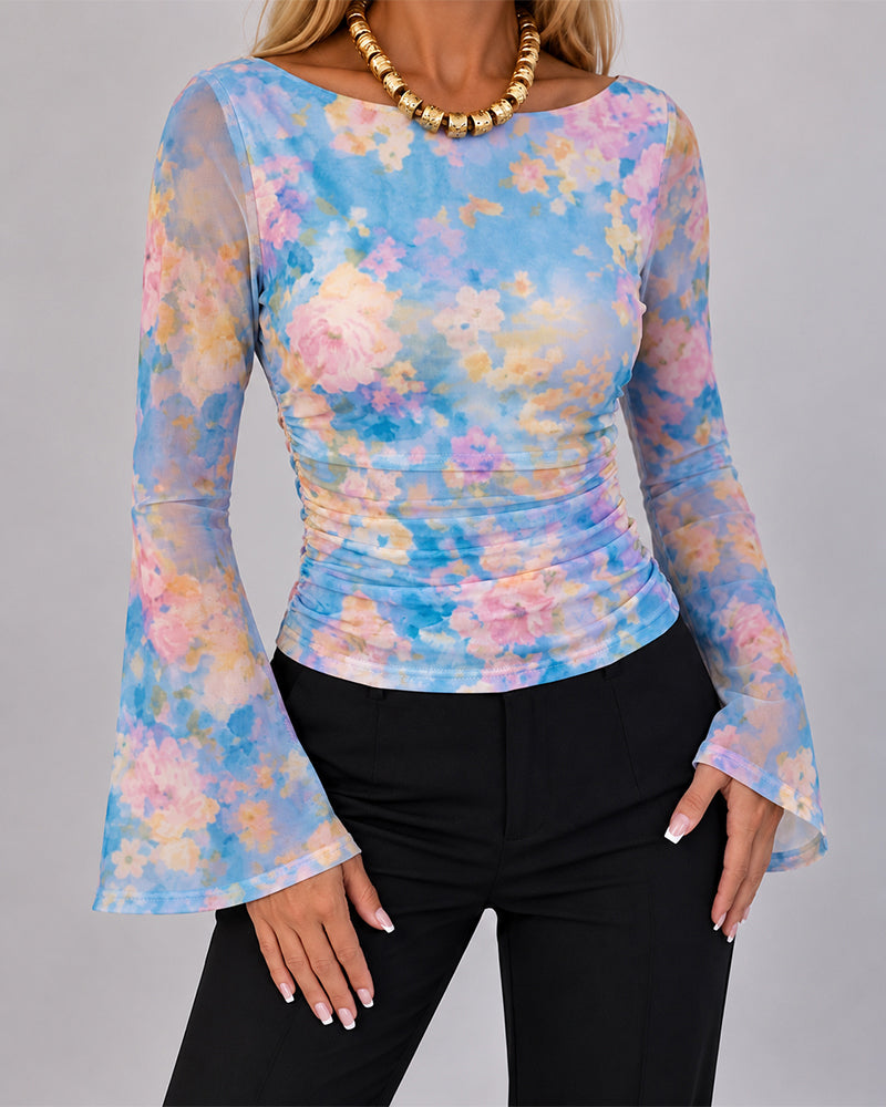 Women's Floral Watercolor Print Boat Neck Ruched Sheer Mesh Flare Sleeve Top