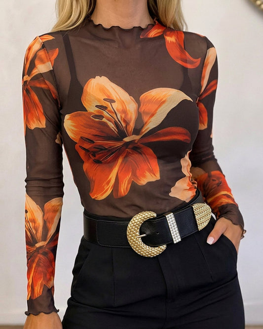Women's Floral Print Sheer Mesh Top Frill Trim Mock Neck Long Sleeve Tee