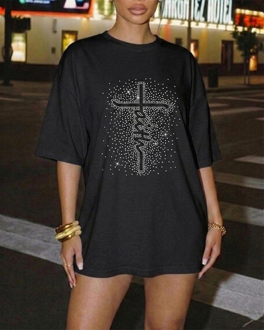 Women's Oversized Graphic T-Shirt Rhinestone Letter Drop Shoulder Short Sleeve Tee Loose Fit Streetwear Sparkly Casual Top