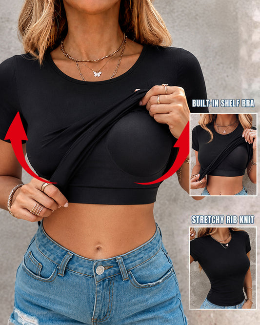Camiseta de manga corta para mujer, corte entallado, cuello redondo, acolchada, sin costuras, ideal para usar en capas, con sujetador incorporado