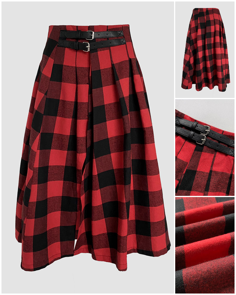 Plaid Print High Waist Side Slit Mid-length Skirt Casual Double Buckle A Line Pleated Skirt