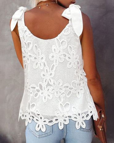 Square Neck Thick Strap Casual Embroidered Lace Tied Detail Tank