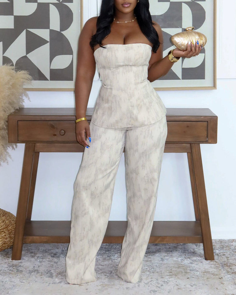 Women's Tie Dye 2 Piece Outfits Strapless Corset Lace Up Top and High Waisted Straight Leg Pants Set with Clear Straps