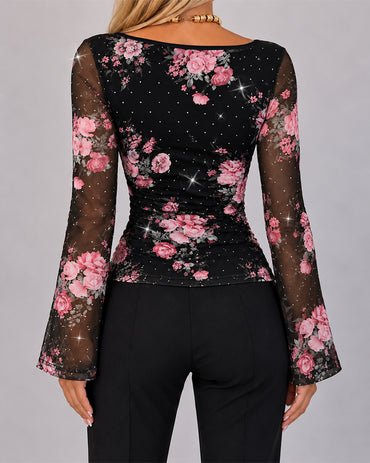 Women's Floral Rhinestone Sheer Mesh Boat Neck Ruched Flare Sleeve Top
