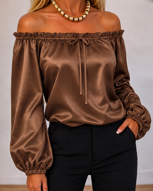 Women's Off Shoulder Satin Frill Trim Tie Front Lantern Sleeve Top