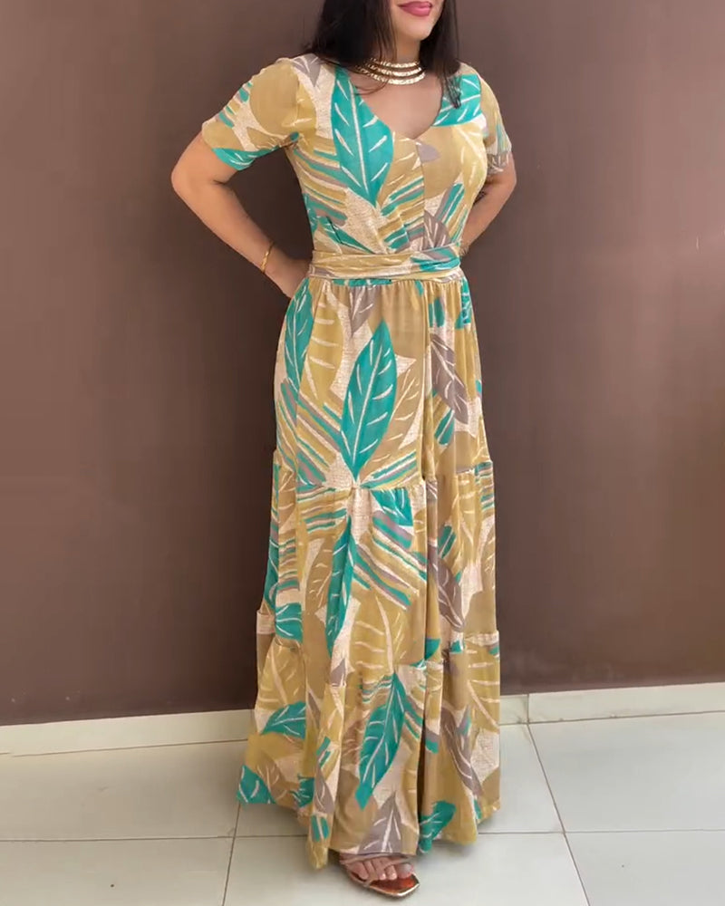 Plants Print V-Neck Short Sleeve Tie Waist Maxi Dress Casual Cinched Waist Ruffle Hem Vacation Dress