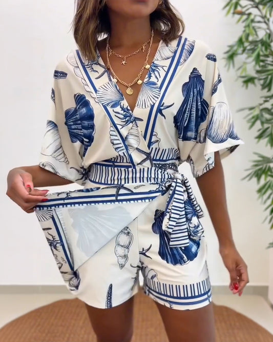 Starfish & Seashell Print Overlap V Neck Half Sleeve Wrap Knot Side Romper Casual Stretchy Back Waist Vacation Romper