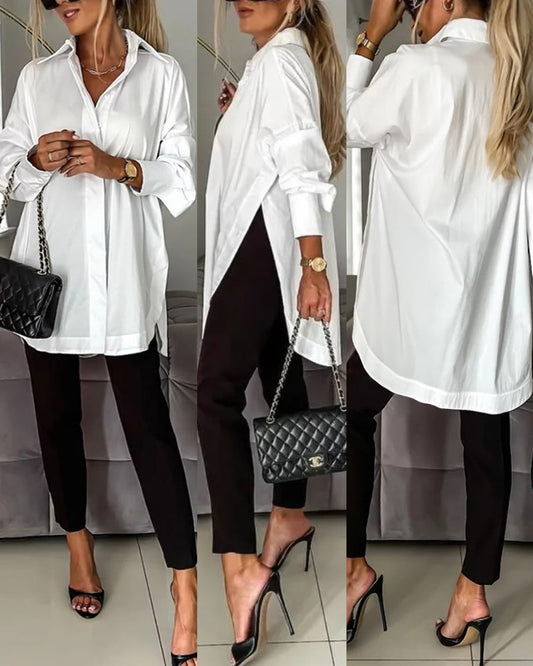 Blusa de manga larga con botones de gran tamaño de algodón para mujer