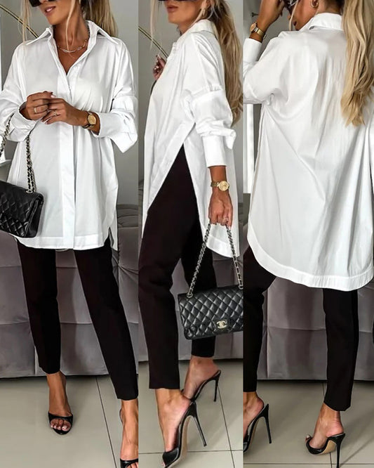 Women's Cotton Oversized Button Down Shirt Long Sleeve Blouse Casual Curved Hem Top