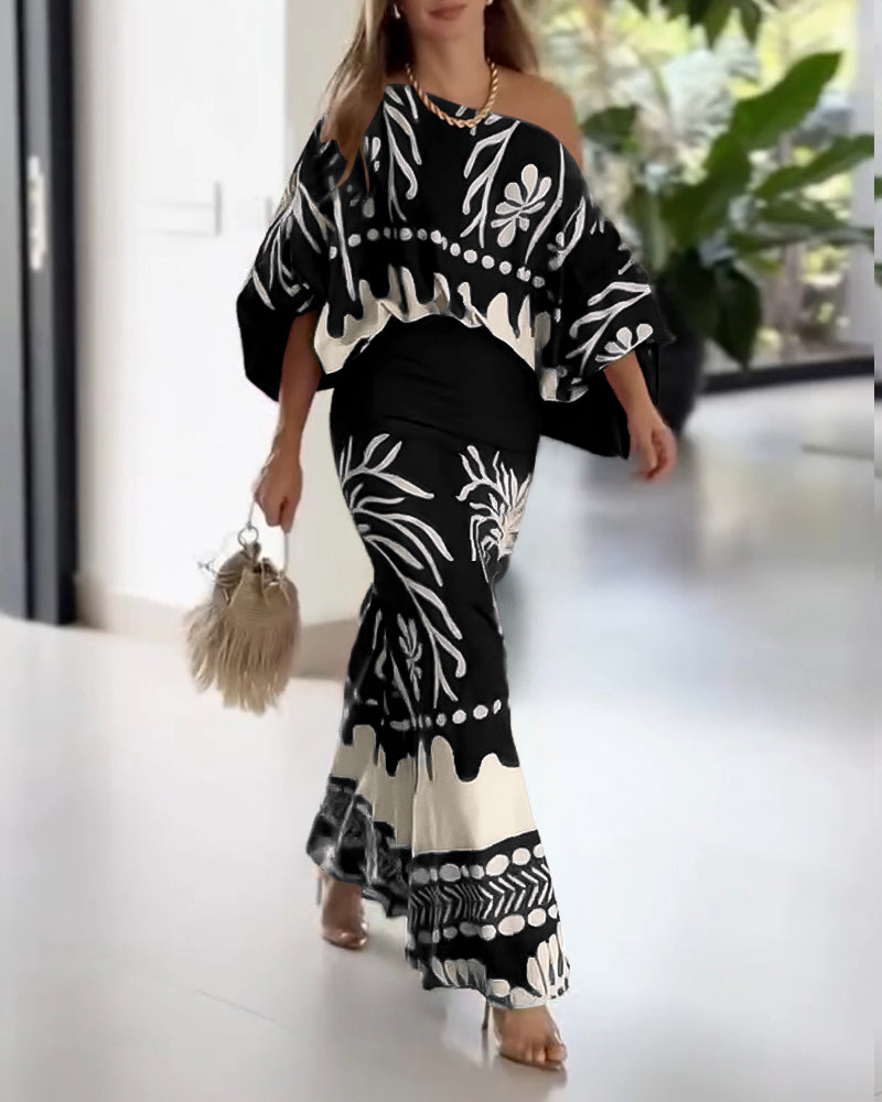 2 Pieces Outfit Tropical Print Lantern Sleeve Cold Shoulder Loose Top And Casual High Waist Fishtail Maxi Skirt Set