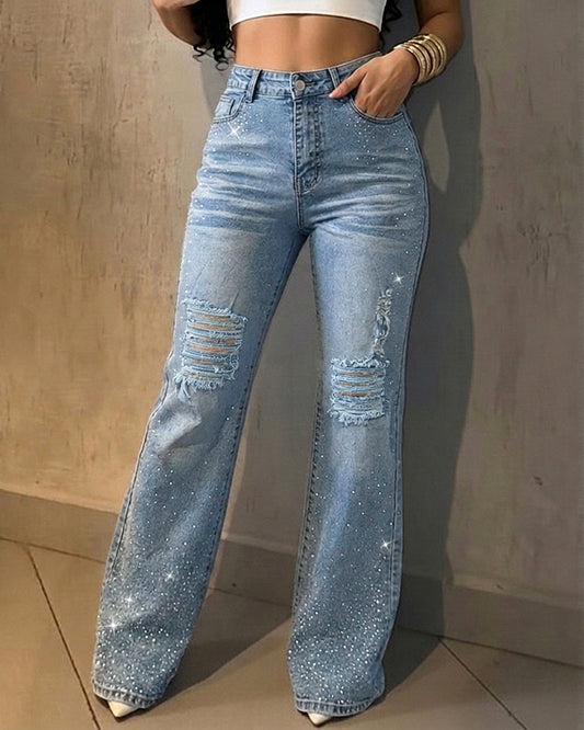 Vaqueros femeninos acampanados con pedrería, de cintura alta, desgastados y rasgados, pantalones vaqueros retro de estilo urbano Y2K
