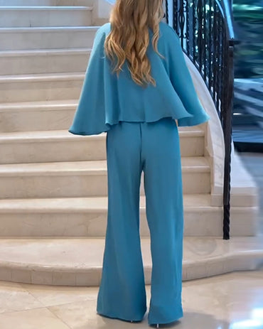 Plunge V Neck Ruched Batwing Sleeve Jumpsuit Casual Wide Leg Romper