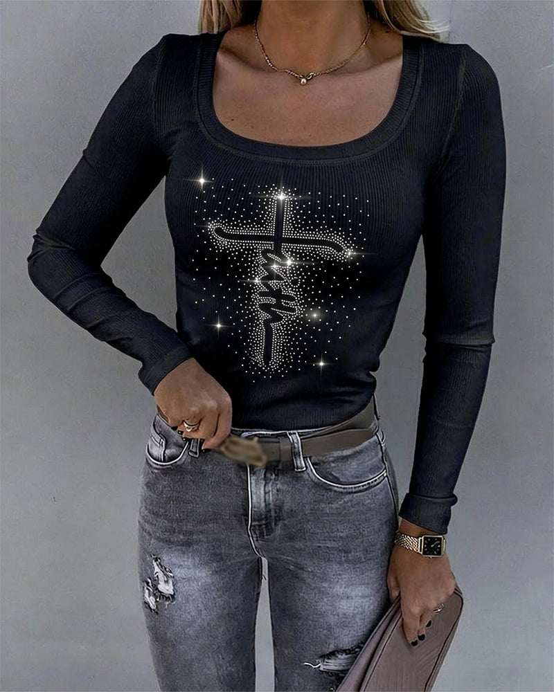Women's Square Neck Long Sleeve Top Rhinestone Faith Letter Graphic Ribbed Knit Shirt Slim Fit Casual Sparkly Tee
