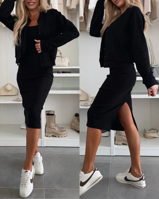 2 Pieces Outfit U-Neck Slit Back Slim Fit Knit Tank Dress and Pearl Button Front Baseball Coat Casual Ribbed Set