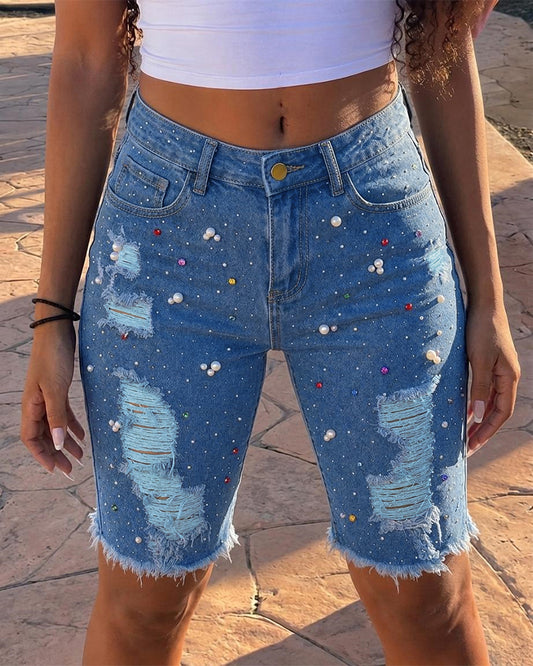 Women's Y2K Rhinestone Pearl Denim Bermuda Shorts Ripped Raw Hem Distressed Colorful Embellished Jean Shorts