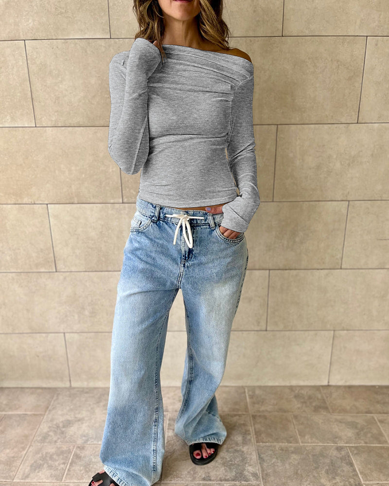 Skew Neck Long Sleeve Ruched Tee Casual Slim Fit Top with Thumb Hole Cuffs